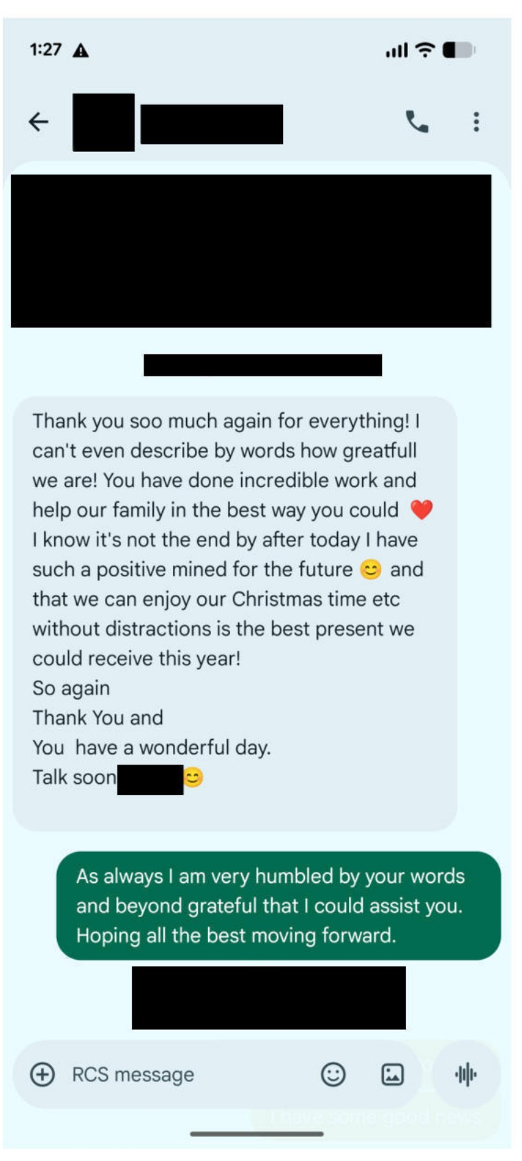 Client message — incredible work for our family