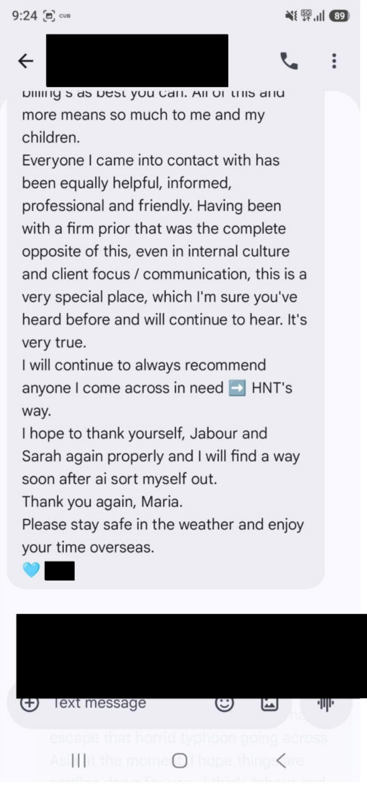 Client message — will always recommend Hammond Nguyen Turnbull