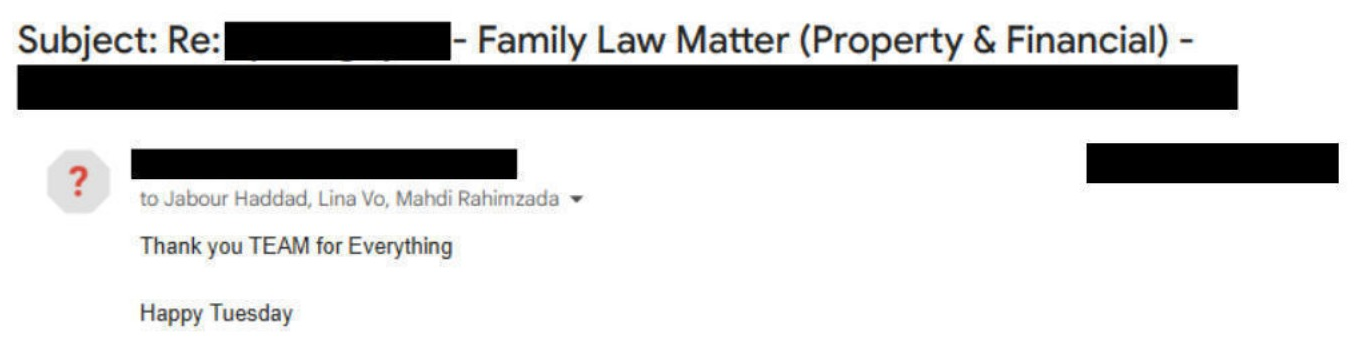 Client email — thank you team for everything