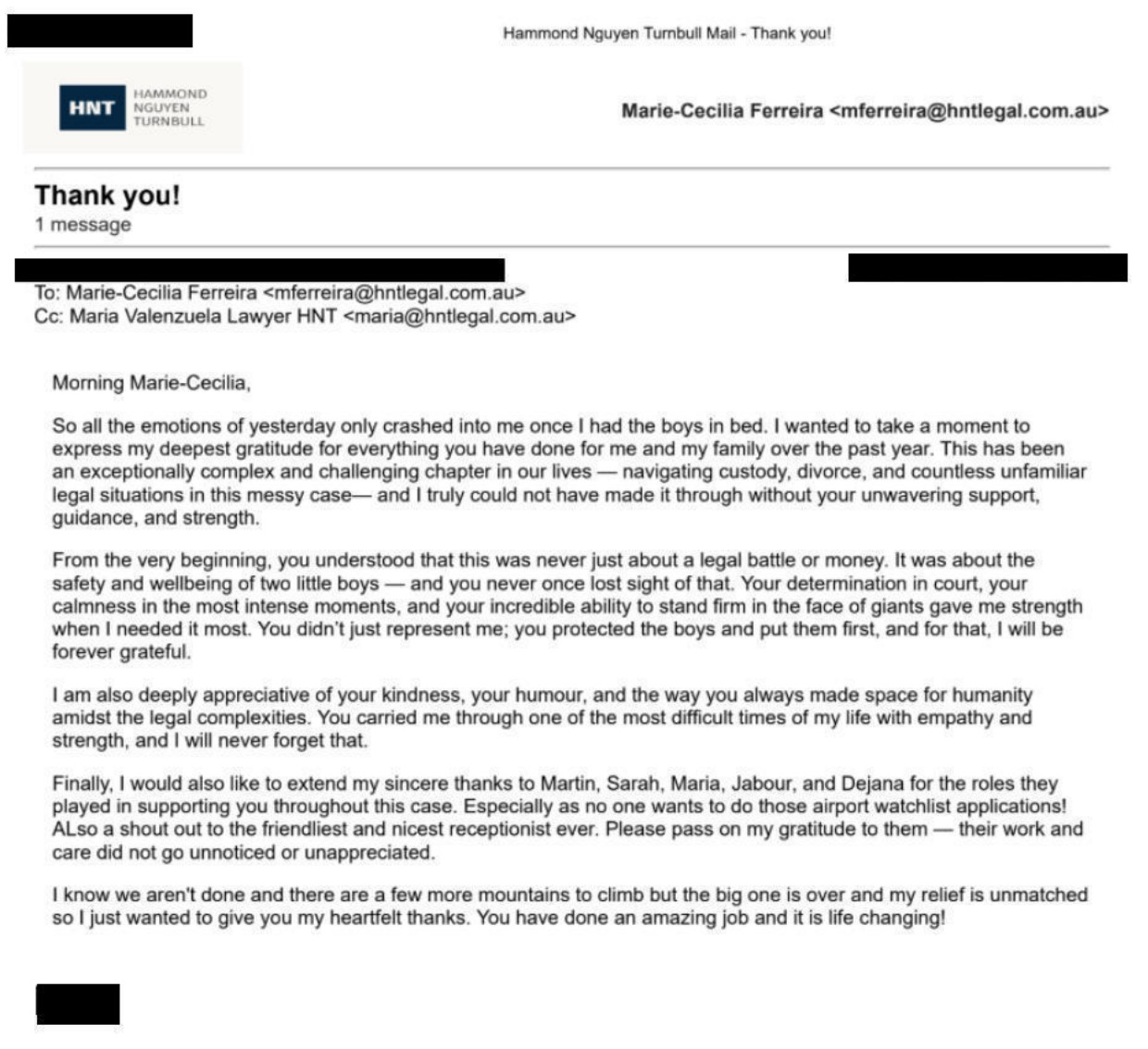 Client email — thank you after custody and divorce matter