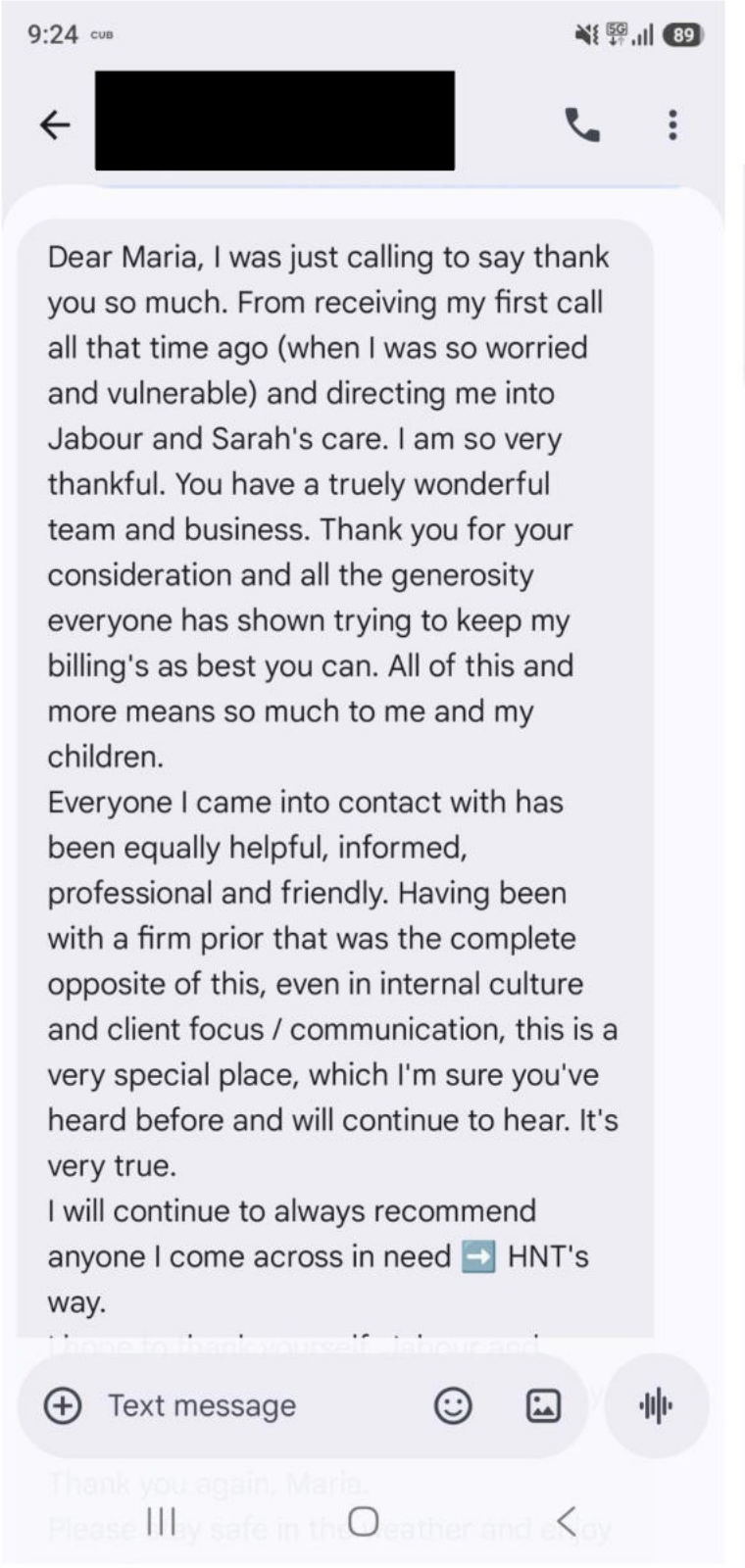 Client message to Maria — thank you so much
