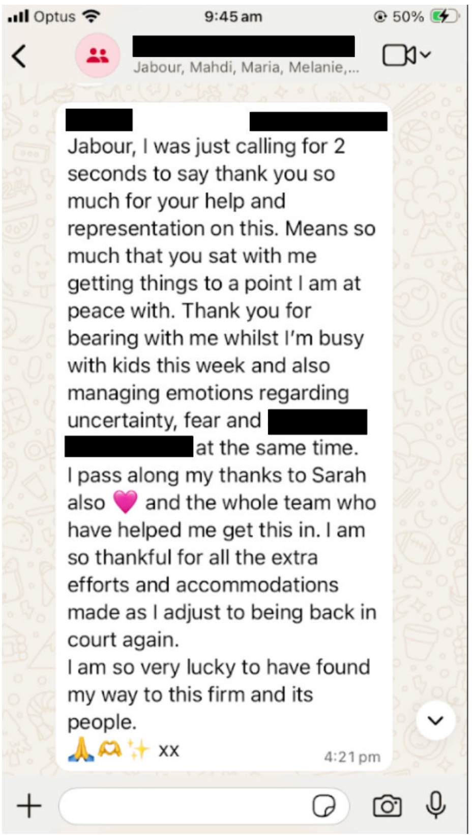 Client message — thank you for the help and representation