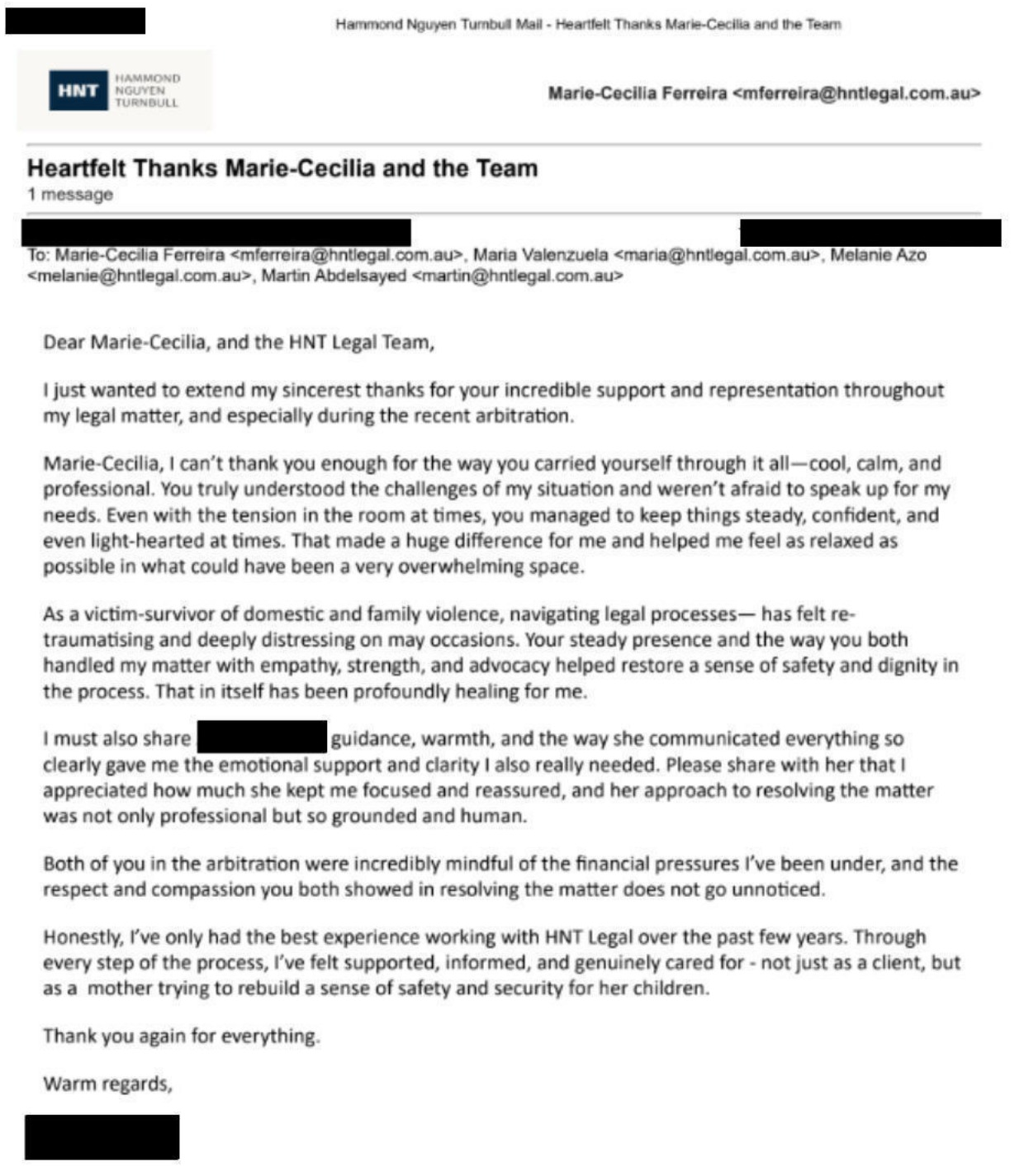 Client email — heartfelt thanks to the team after arbitration