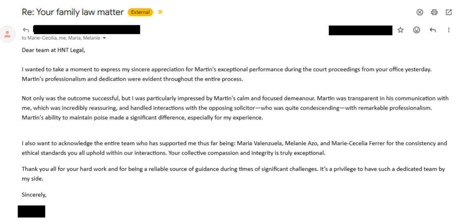 Client email — appreciation after Court proceedings